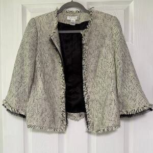White House Black Market Women's Tweed Fringe Open Front Blazer Jacket Size 4